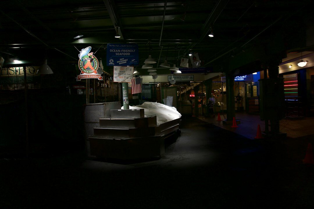 Empty television news studio set with anchor desk and lighting rig